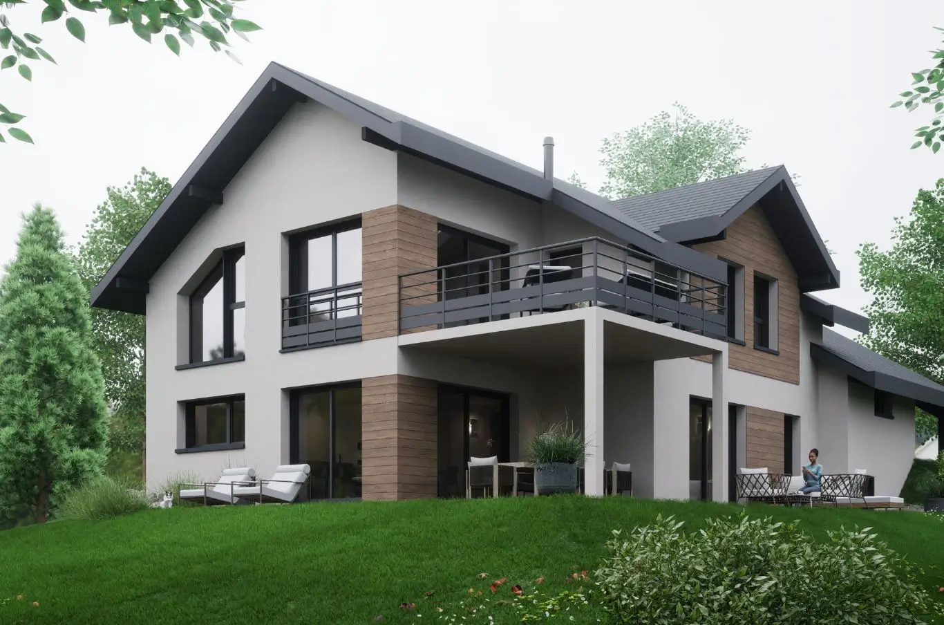 Maison moderne avec balcon, terrasse et jardin arboré en Savoie