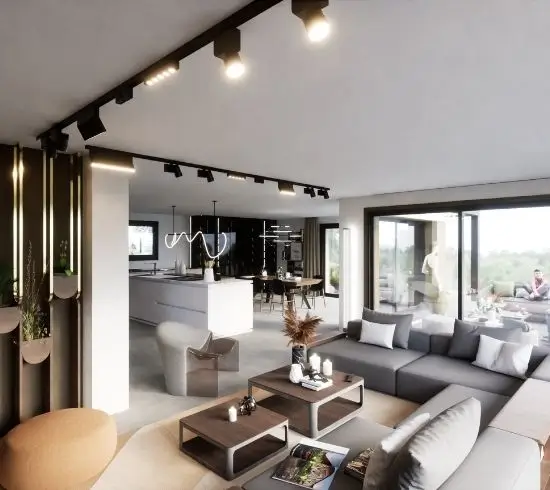 Pièce à vivre moderne avec salon, cuisine ouverte et lumière naturelle
