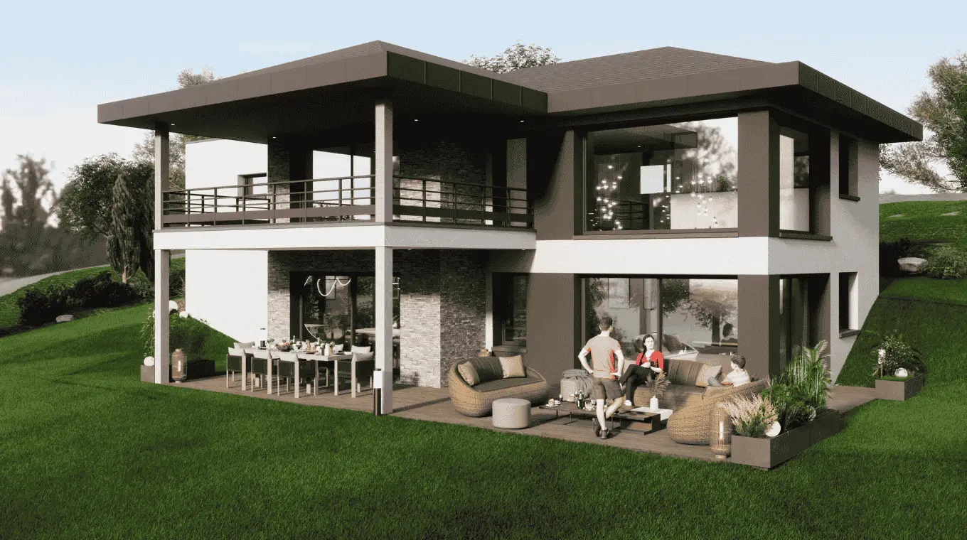 Maison moderne à toit plat avec balcon à l'étage, large terrasse aménagée et jardin paysager.