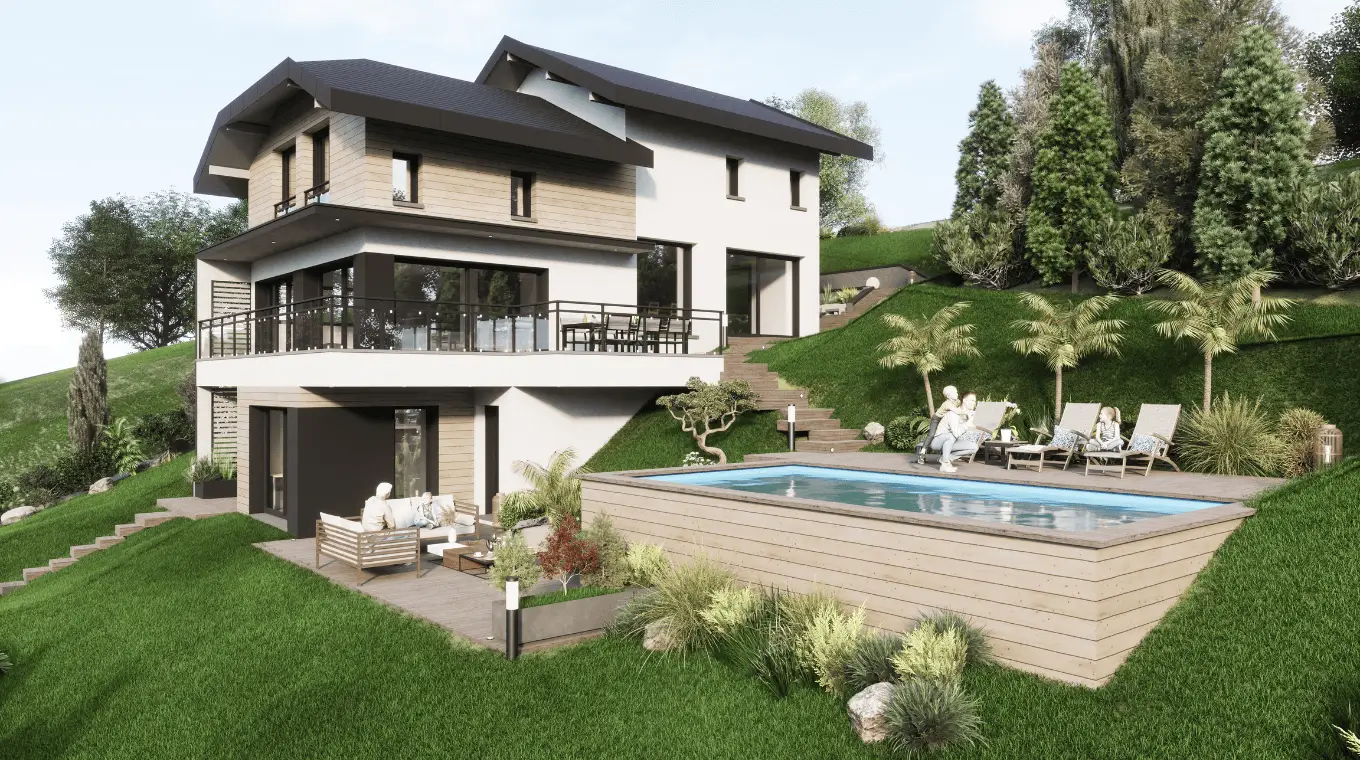 Maison sur terrain en pente, plusieurs niveaux reliés par terrasses et piscine.