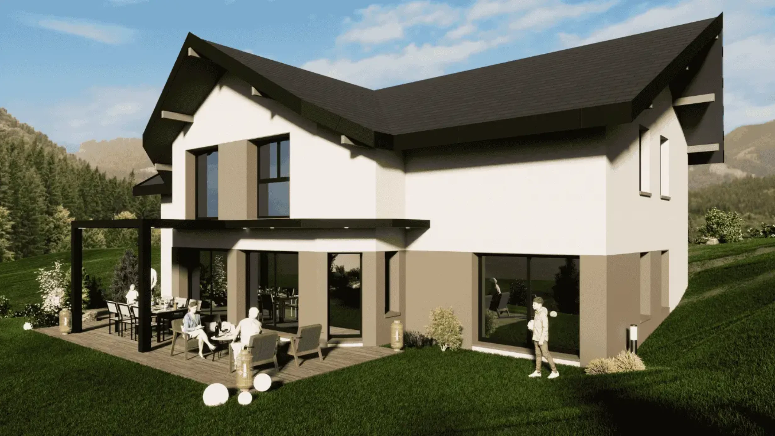 Maison moderne toit double pente avec pergola, terrasse bois et grands volumes.
