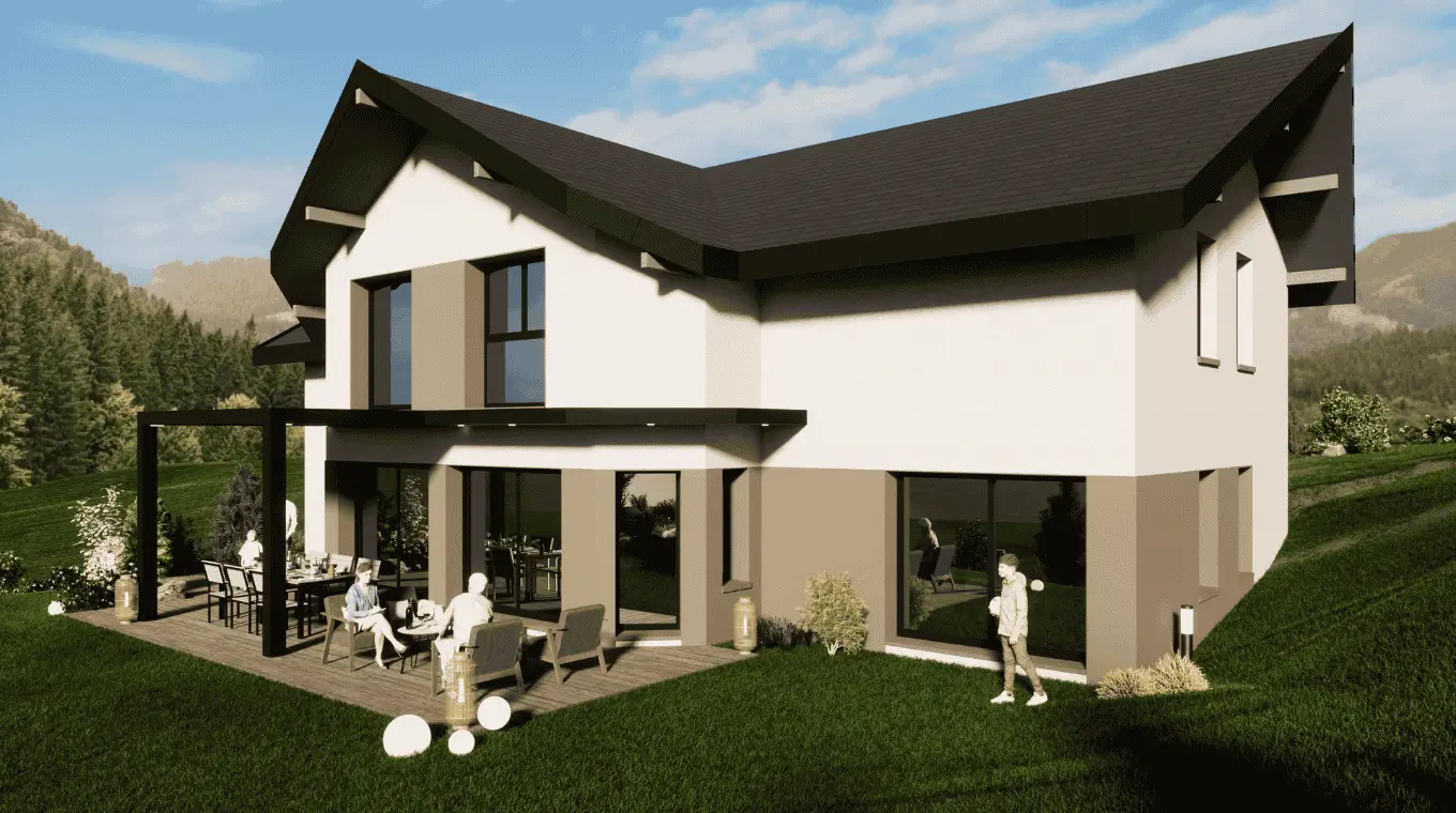 Maison moderne toit double pente avec pergola, terrasse bois et grands volumes.