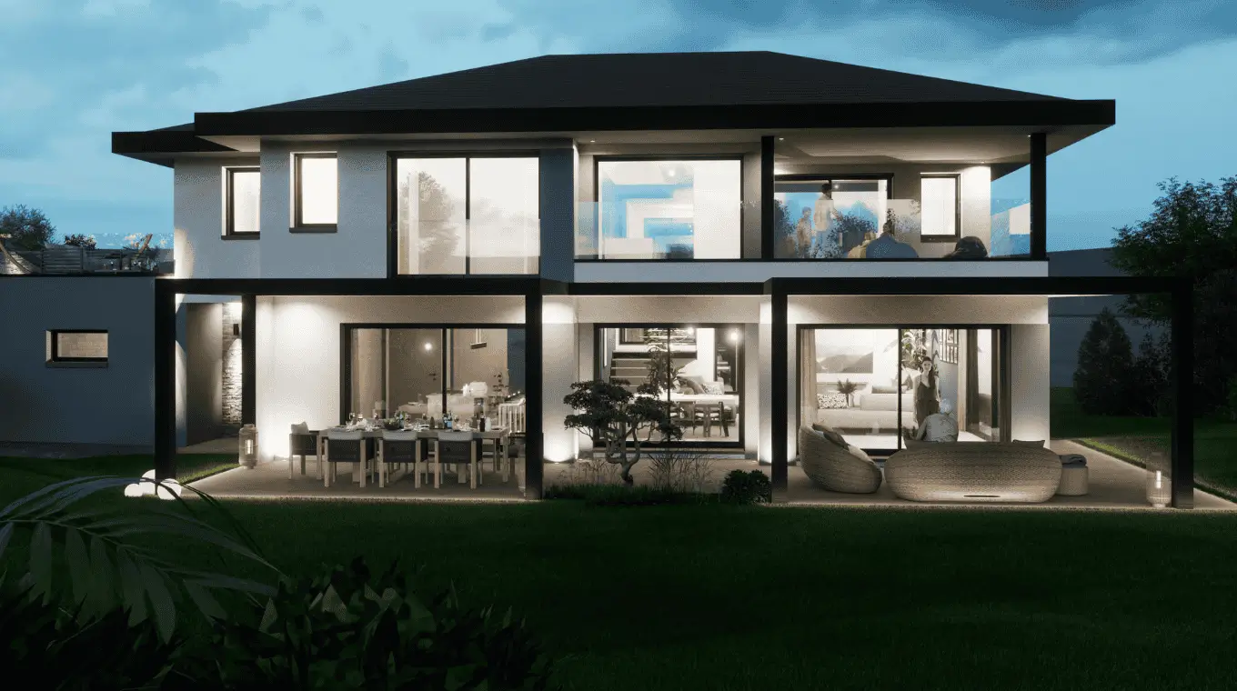 Maison contemporaine de nuit, pergola, baies vitrées et éclairage extérieur soigné.