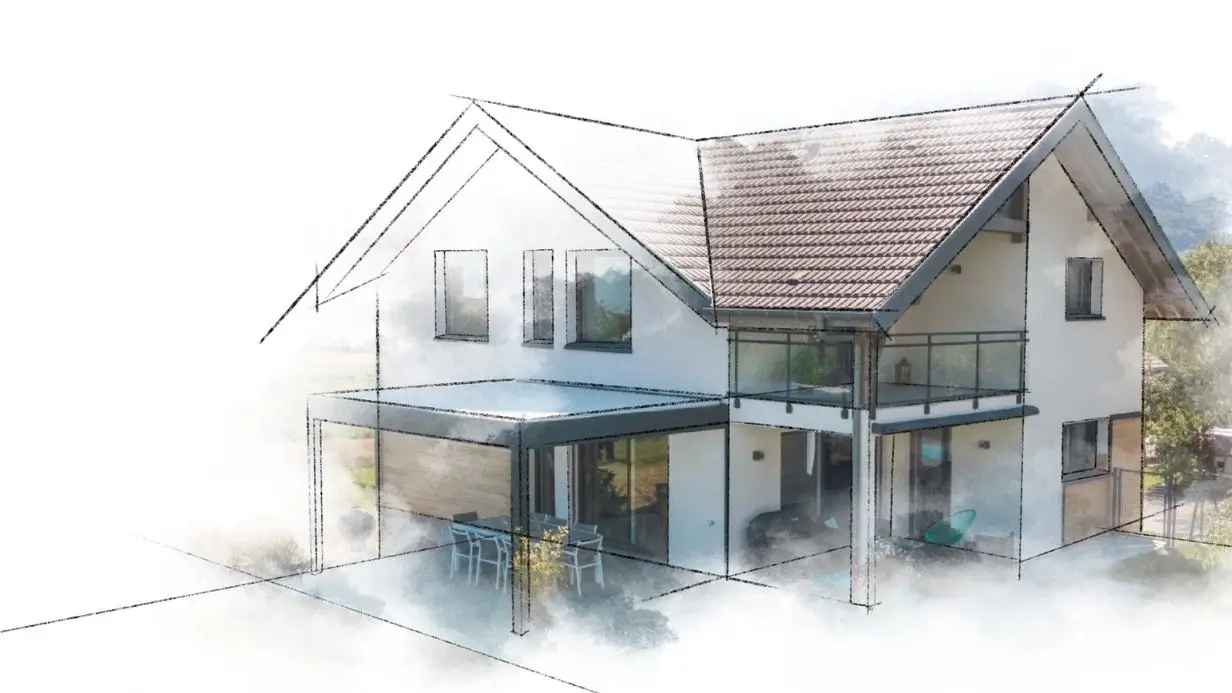 Croquis architectural en transition vers une maison moderne construite, illustrant le passage de l'idée à la réalisation d'une maison individuelle.