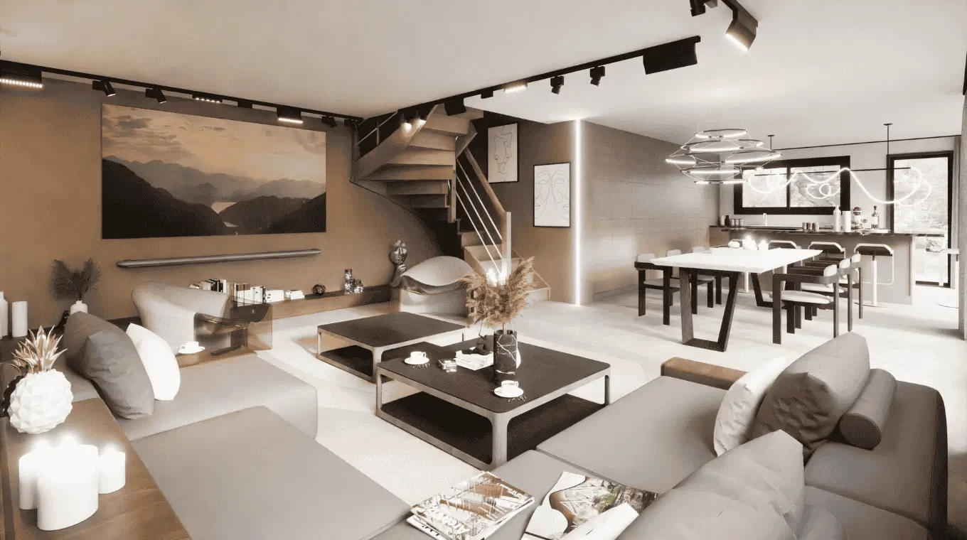 Grand salon contemporain avec éclairage intégré, escalier moderne et espace repas ouvert.