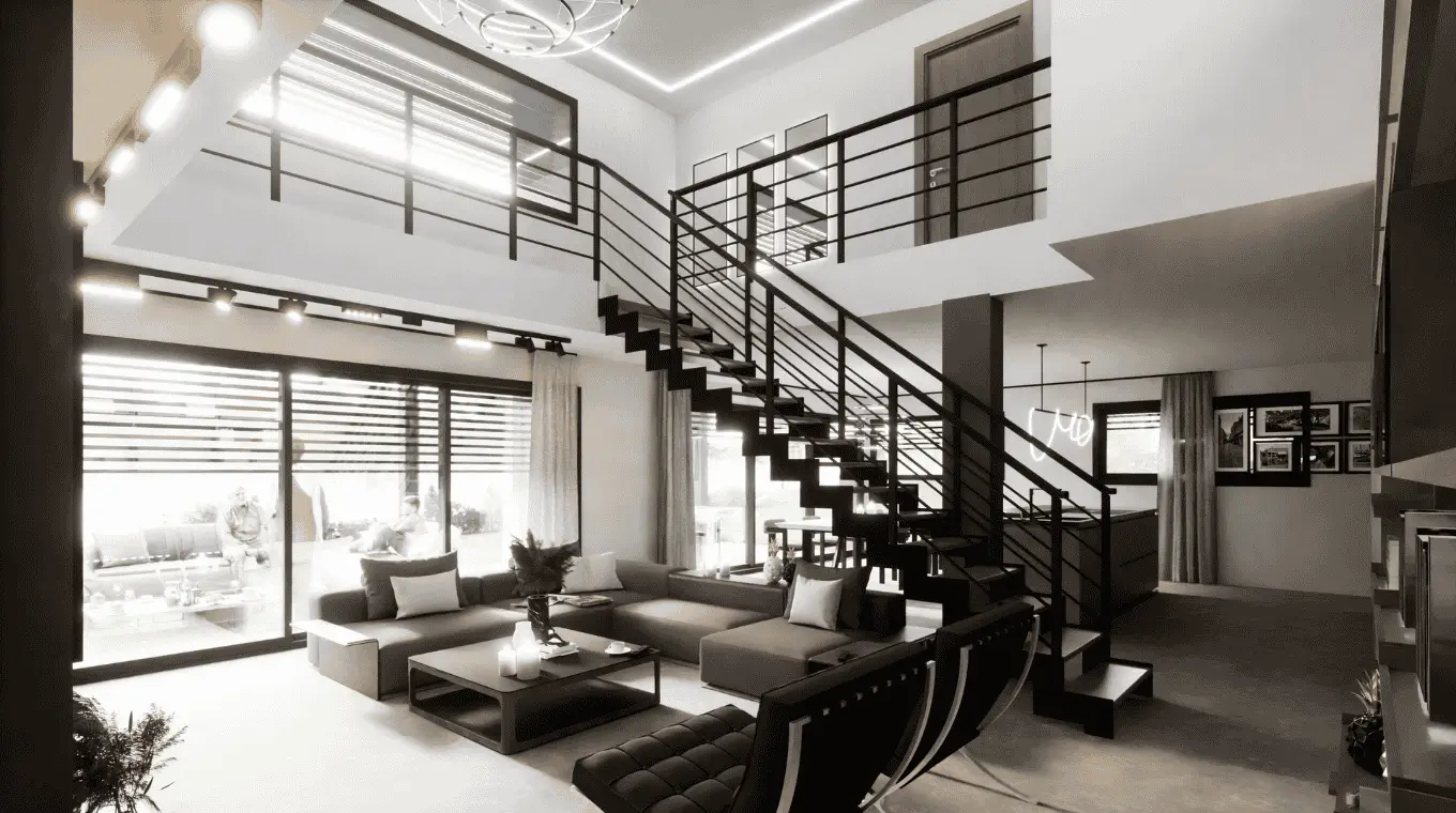 Salon avec double hauteur sous plafond, escalier moderne et grandes baies vitrées.