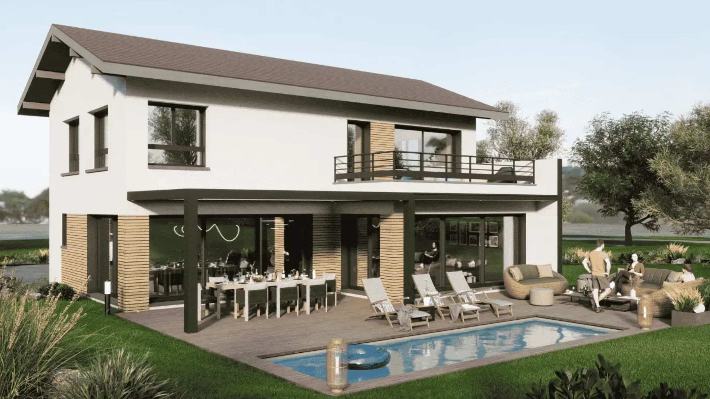 Maison contemporaine avec finition bois, balcon, piscine et espaces de détente extérieurs.