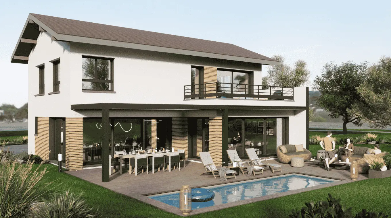 Maison contemporaine avec finition bois, balcon, piscine et espaces de détente extérieurs.