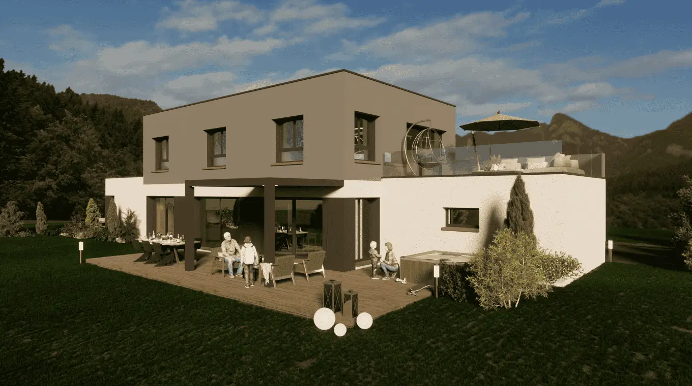 Maison contemporaine avec toit plat, pergola, terrasse bois et jardin arboré.