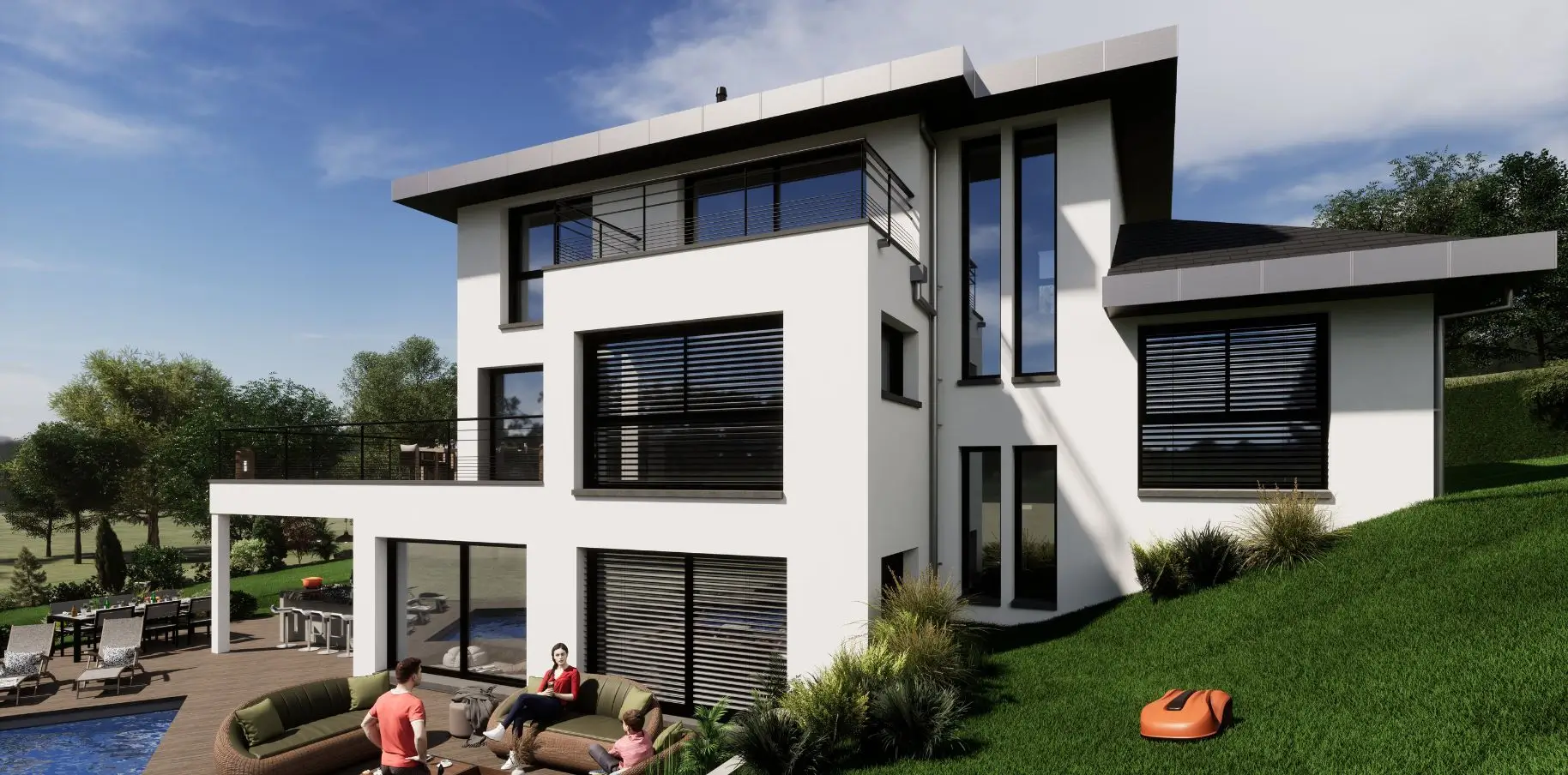 Maison contemporaine avec grandes baies vitrées, piscine et terrain en pente en Haute-Savoie