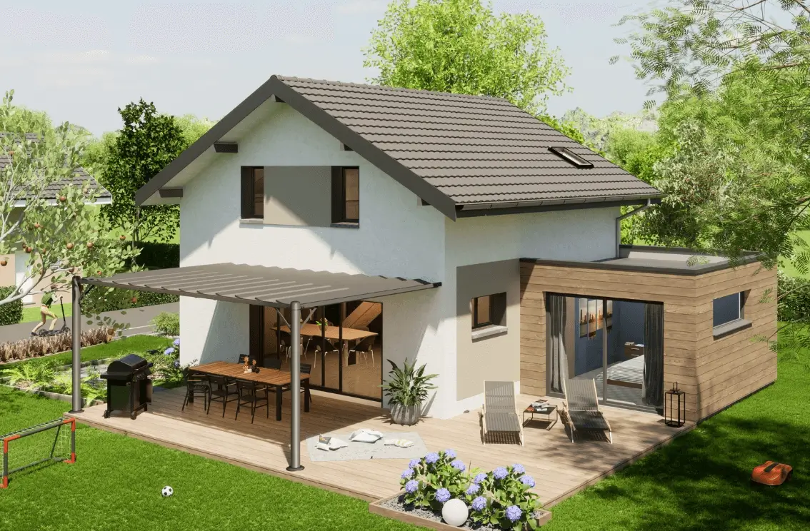 Maison évolutive avec terrasse et extension bois – Après agrandissement