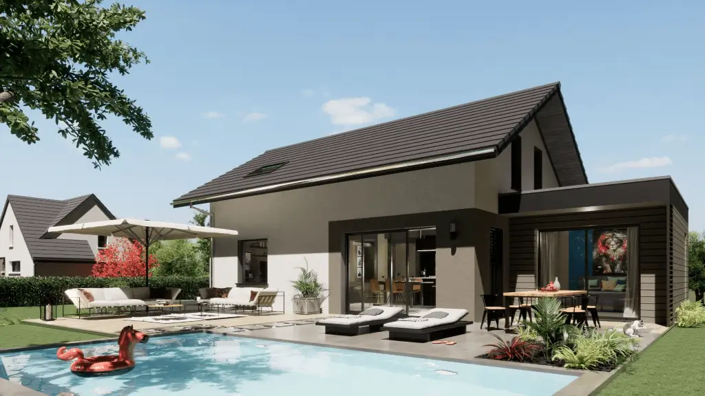 Maison évolutive avec piscine – version agrandie avec extension bois latérale