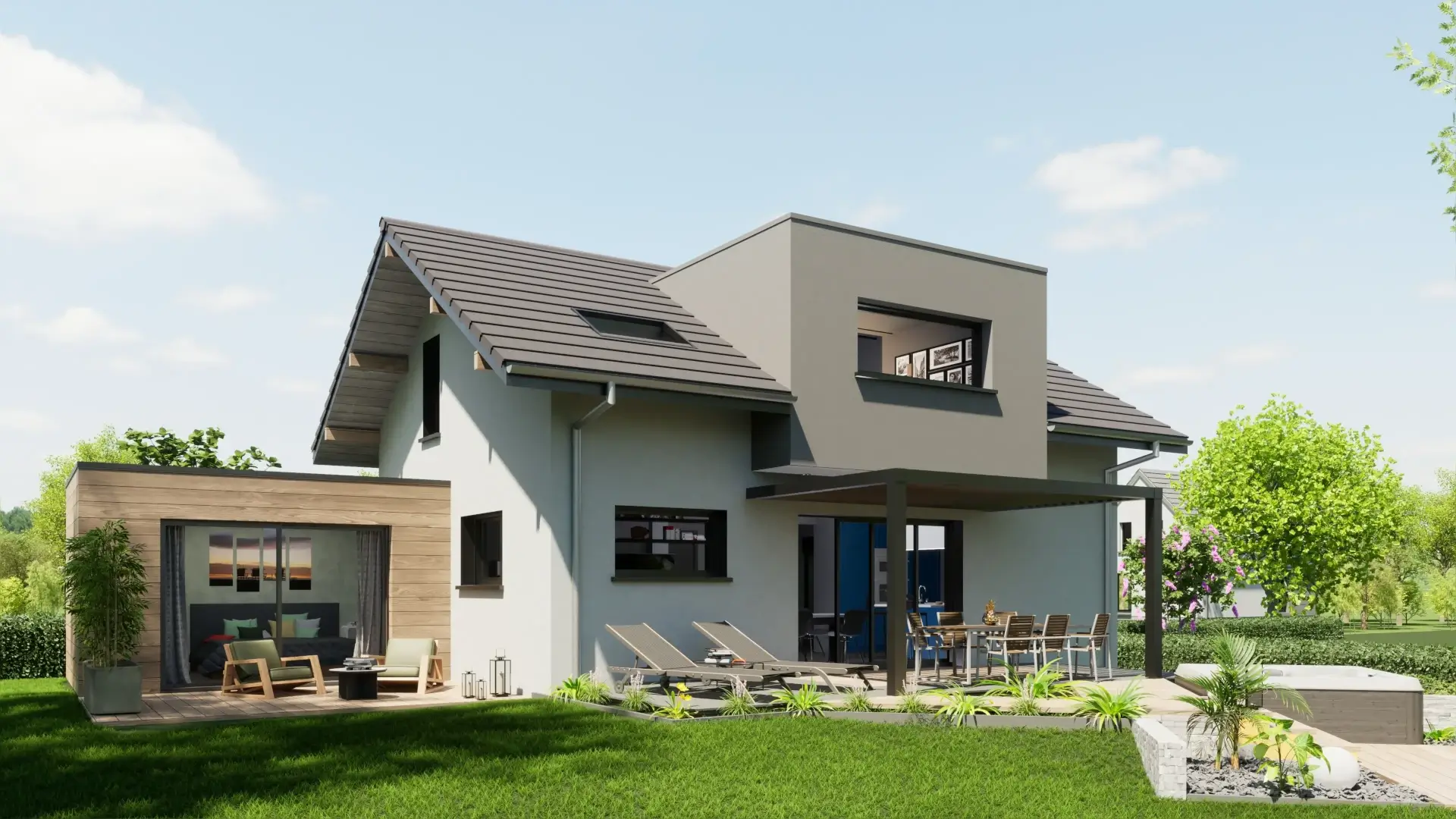 Maison Oxygène après extension avec mobilier de jardin et terrasse