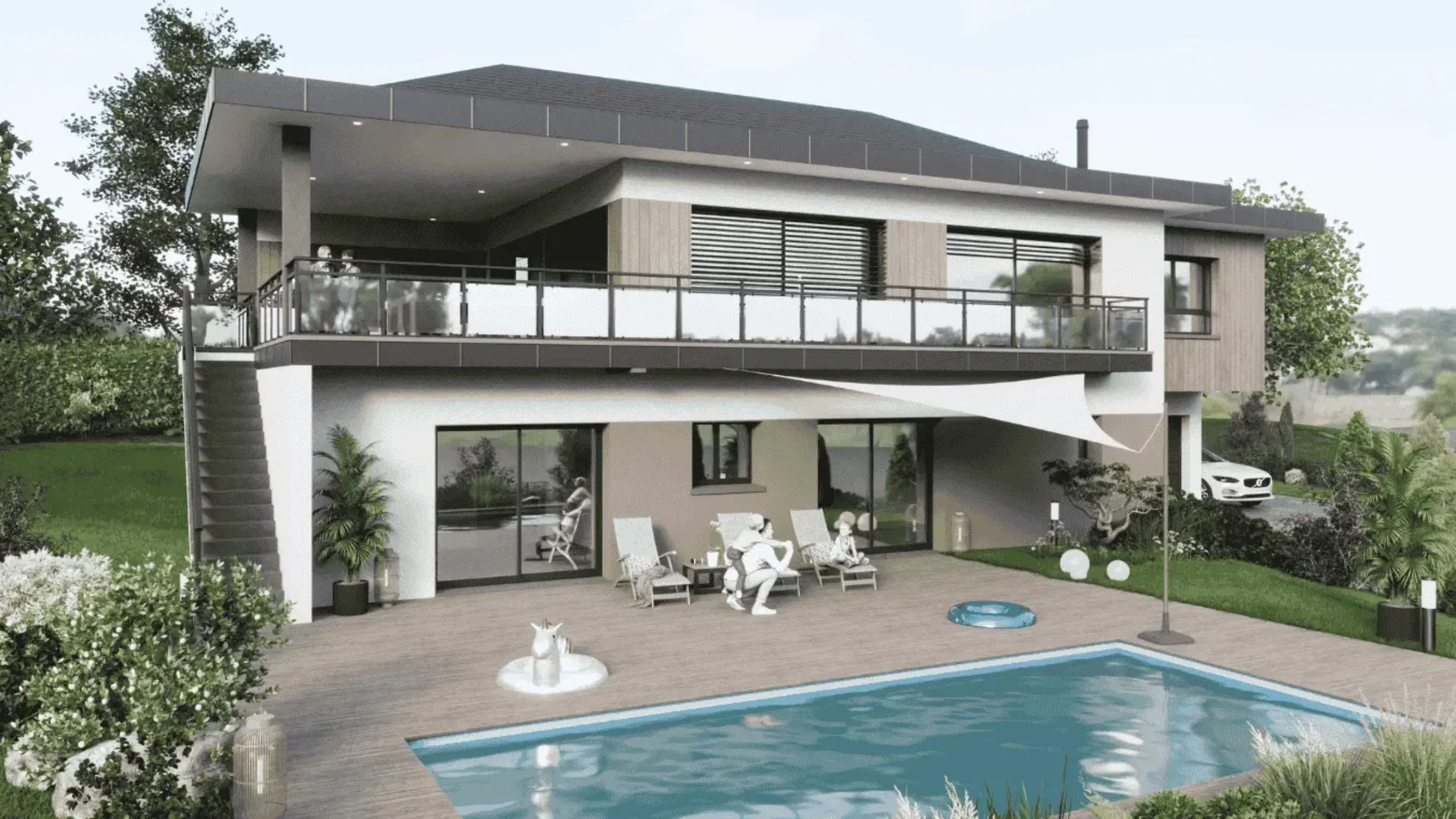 Maison contemporaine avec balcon filant, terrasse bois et piscine dans un cadre verdoyant.