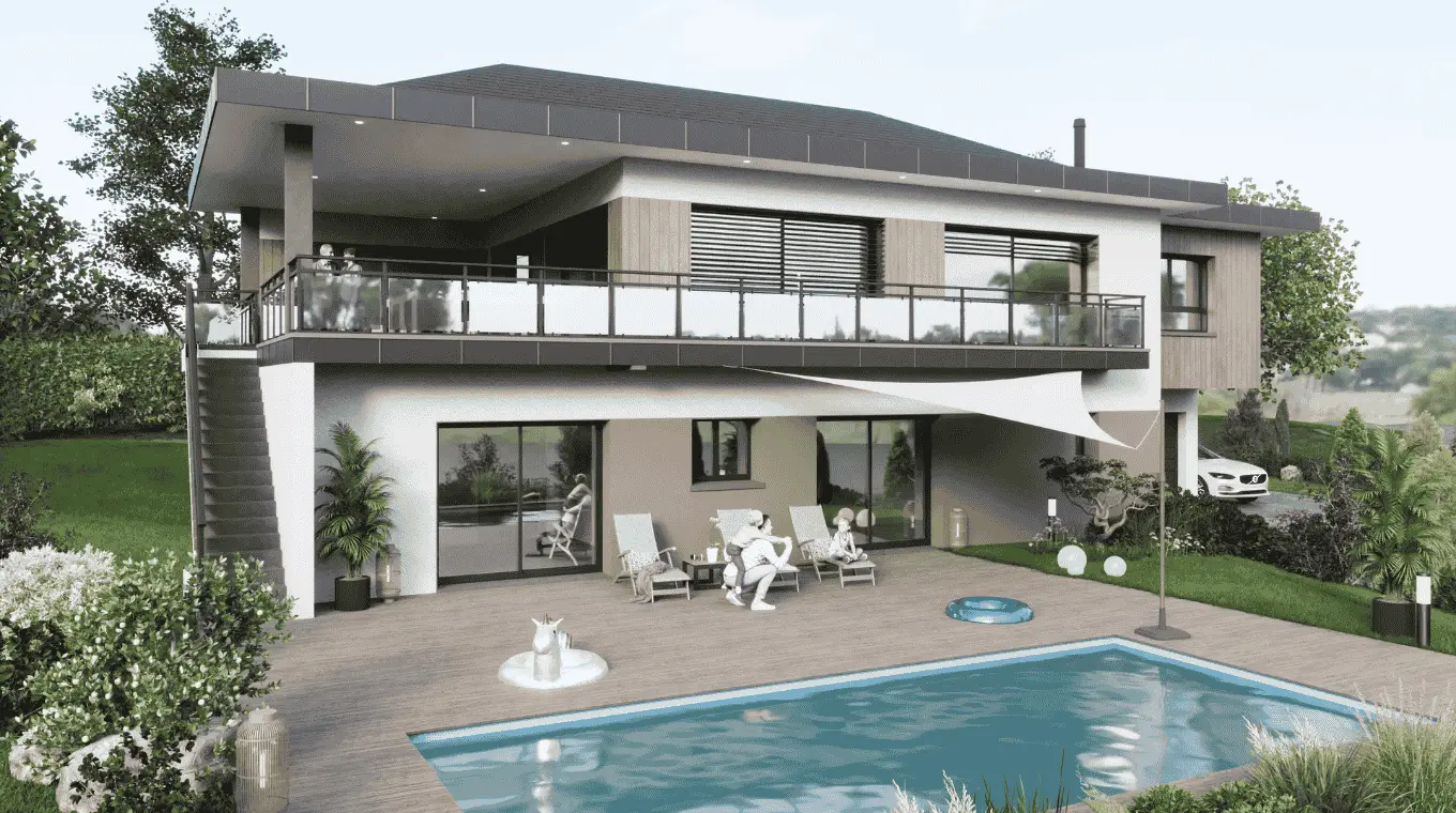 Maison contemporaine avec balcon filant, terrasse bois et piscine dans un cadre verdoyant.