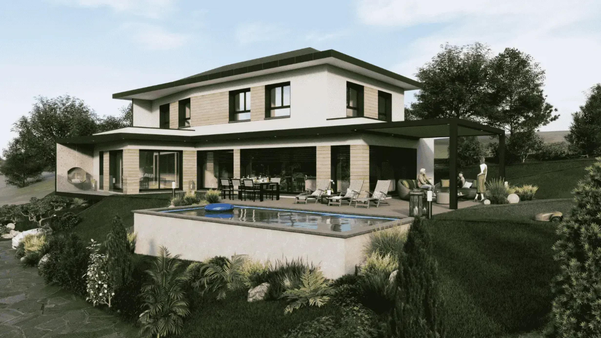Maison à étage avec pergola, piscine, terrasse bois et grandes ouvertures vitrées.
