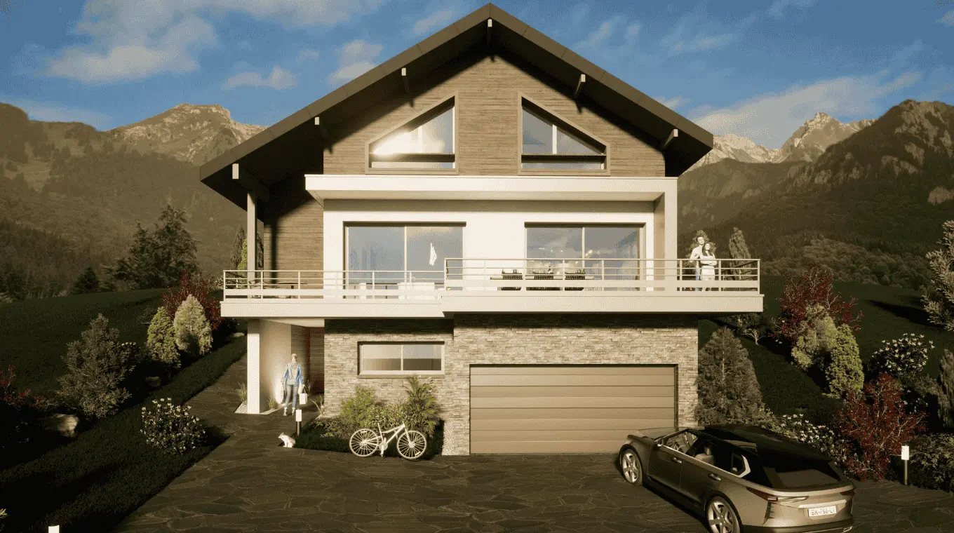 maison moderne balcon garage finition bois