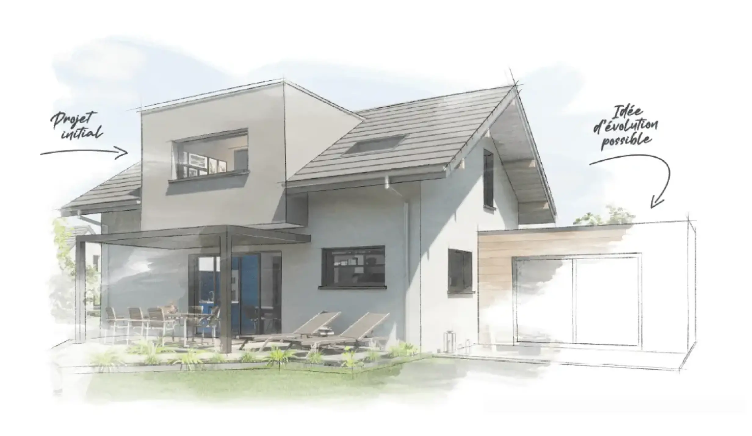Croquis de maison évolutive signée Maisons Oxygène, avec proposition d’extension future