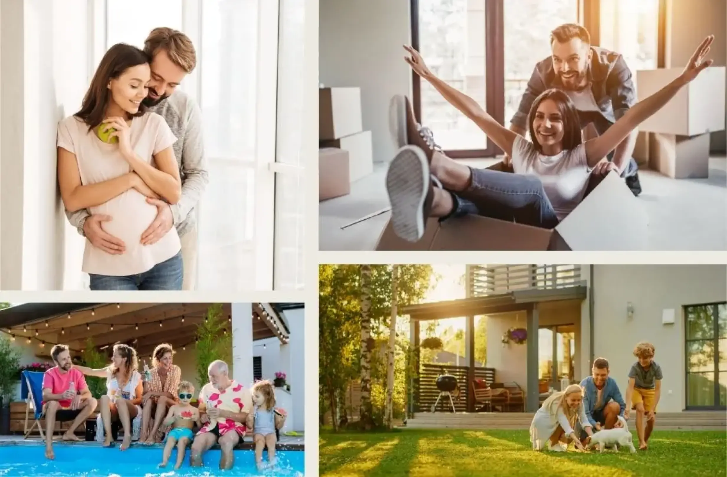 Mosaïque d’instants de vie en maison : grossesse, emménagement, moments en famille, piscine, jardin et barbecue