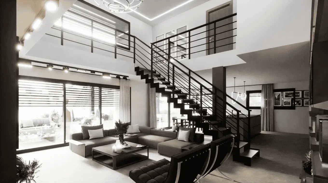 Salon avec double hauteur sous plafond, escalier moderne et grandes baies vitrées.