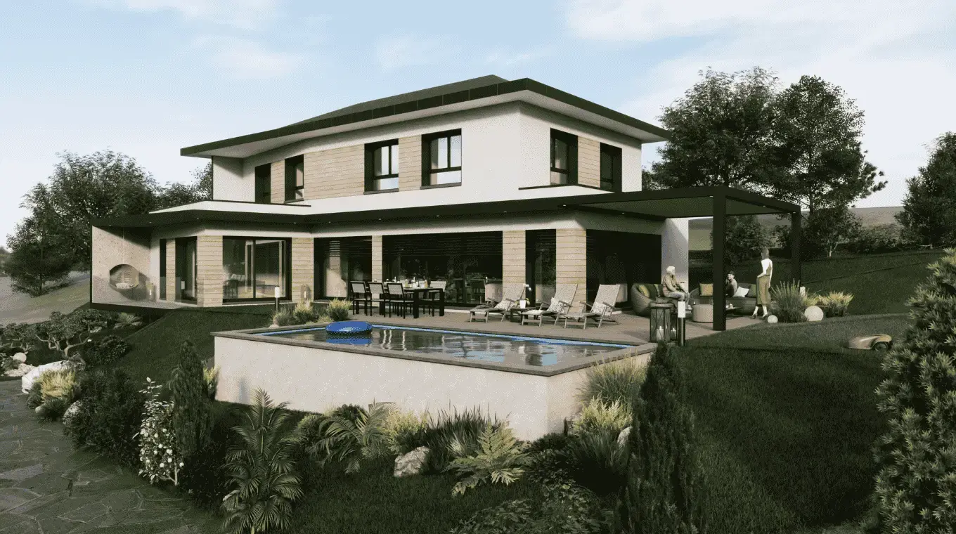 Maison à étage avec pergola, piscine, terrasse bois et grandes ouvertures vitrées.